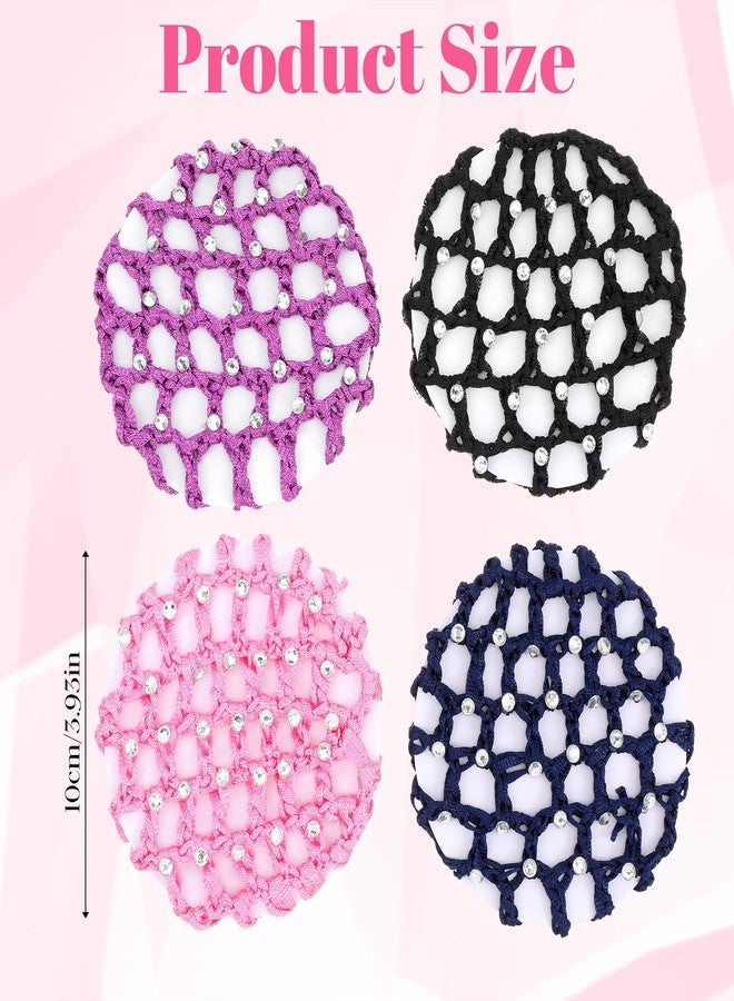 Alrhso 4 Pcs Hair Nets for Buns with Rhinestones, Elastic Women Hair Nets Handmade Crochet Bun Net for Ballet, Gymnastics, Figure Skating, Dancer (Black, Purple, Pink, Navy Blue) - Image 2